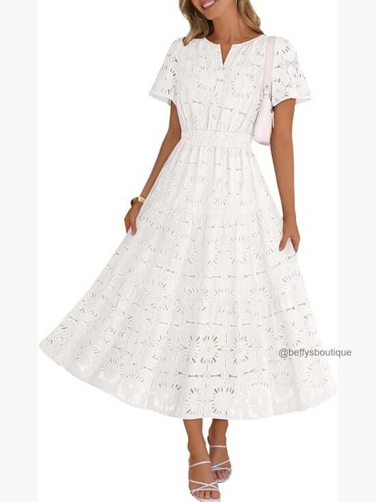 Dresses & Skirts - Women's Summer Floral Maxi Dress Boho Eyelet Lace Short Sleeve Tiered Flowy